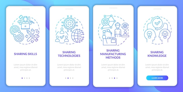 tech transfer methods onboarding mobile app page screen. experience exchange walkthrough 4 steps graphic instructions with concepts. ui, ux, gui vector template with linear color illustrations