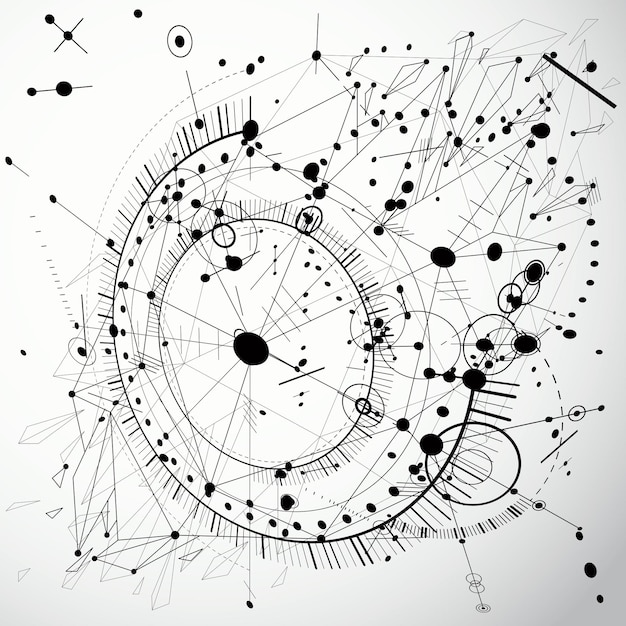 Technical abstraction created in low poly style. Engineering draft for use in graphic and web design. 3d vector drawing of industrial system made with mechanical parts, circles and lines mesh.