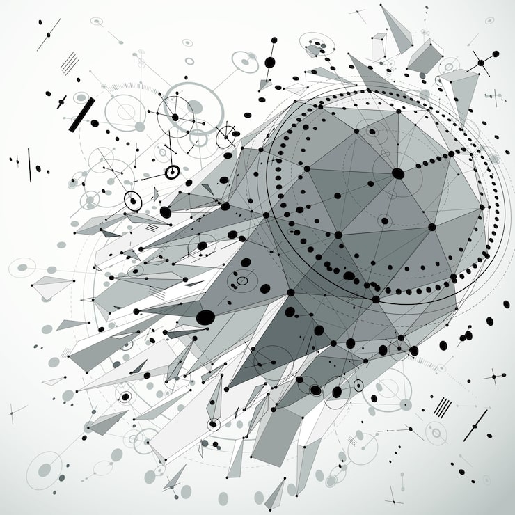 Vector 기술 청사진 추상화입니다. 와이어프레임 개체로 만든 원근 기술 배경입니다. 기하학적 낮은 폴리 디자인 요소와 원으로 만든 회색조 벡터 디지털 배경입니다.