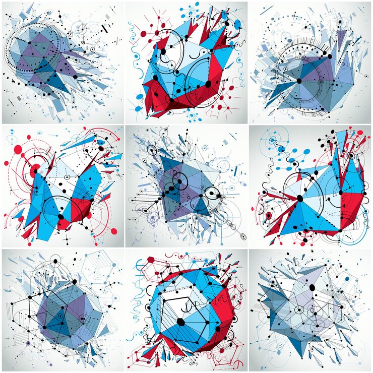 Vector 技術藍圖抽象:用線框物體創造的視角技術背景集.用幾何低聚設計元素和圓圈製成的向量數碼背景.