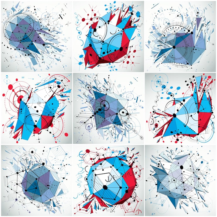 Vector 기술 청사진 추상화입니다. 와이어프레임 개체로 만든 원근 기술 배경 세트입니다. 기하학적 낮은 폴리 디자인 요소와 원으로 만든 벡터 디지털 배경.