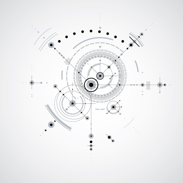 Vettore progetto tecnico, sfondo digitale vettoriale in bianco e nero con elementi di design geometrico, cerchi. illustrazione del sistema di ingegneria, sfondo tecnologico astratto.