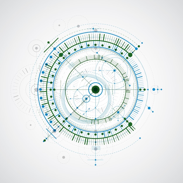 Progetto tecnico, sfondo digitale vettoriale blu e verde con elementi di design geometrico, cerchi. illustrazione del sistema di ingegneria, sfondo tecnologico astratto.