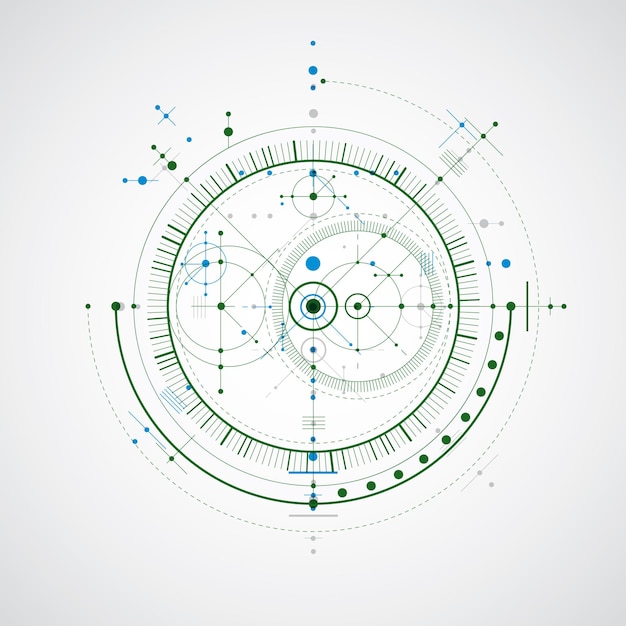 技術的な青写真、幾何学的なデザイン要素、円とカラフルなベクトルデジタル背景。エンジニアリングシステムのイラスト、抽象的な技術的背景。