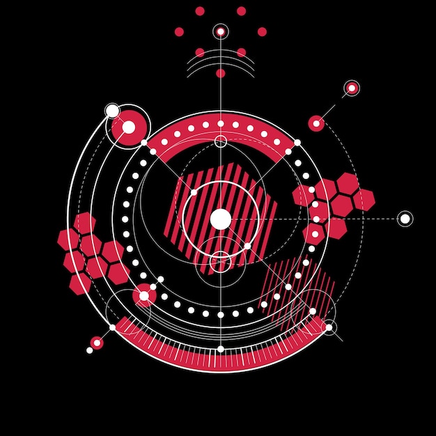 Technical blueprint, red vector digital background with geometric design elements, circles. Illustration of engineering system, abstract technological backdrop.