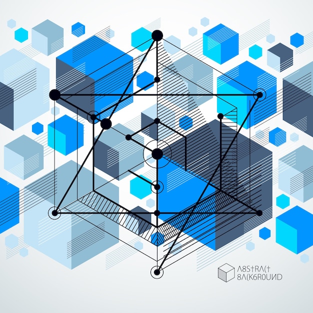 Technical blueprint, vector blue digital background with geometric design elements, cubes. Engineering technological wallpaper made with honeycombs.