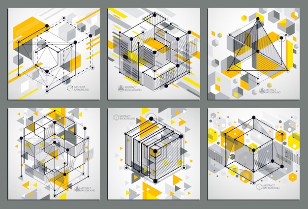 Technical blueprints set, vector yellow digital background with geometric design elements, cubes. engineering technological wallpaper made with honeycombs.