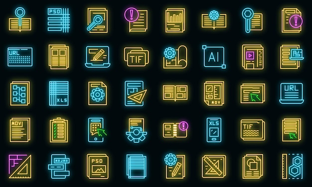 Technical document icons set. outline set of technical document vector icons neon color on black