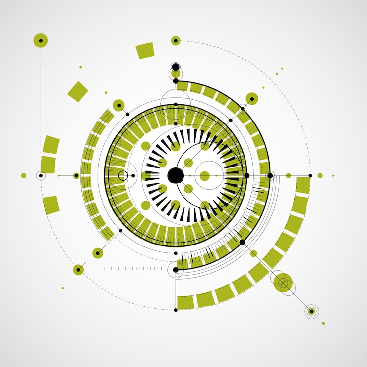 Vector technical drawing made using dashed lines and geometric circles. vector wallpaper created in communications technology style, engine design.