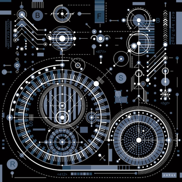 Disegno tecnico con linee tratteggiate e forme geometriche, carta da parati tecnologia futuristica vettoriale, progetto di ingegneria.