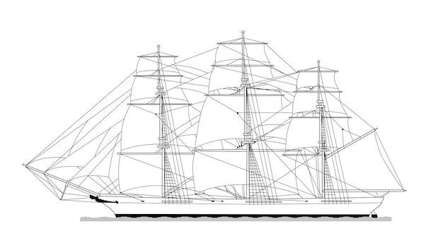 Technical illustration of an old frigate Ship vintage transport Black and white sketch vector