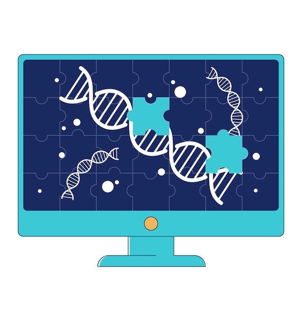 개념 deoxyribonucleic acid 라인 디스플레이 가제트 평면 벡터 일러스트레이션이 있는 기술 모니터 장치...