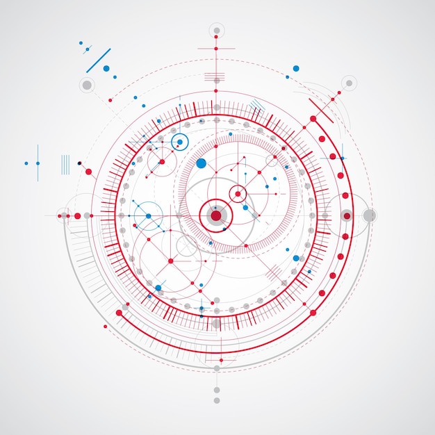 Technical plan, abstract engineering draft for use in graphic and web design. Colorful vector drawing of industrial system created with mechanical parts and circles.