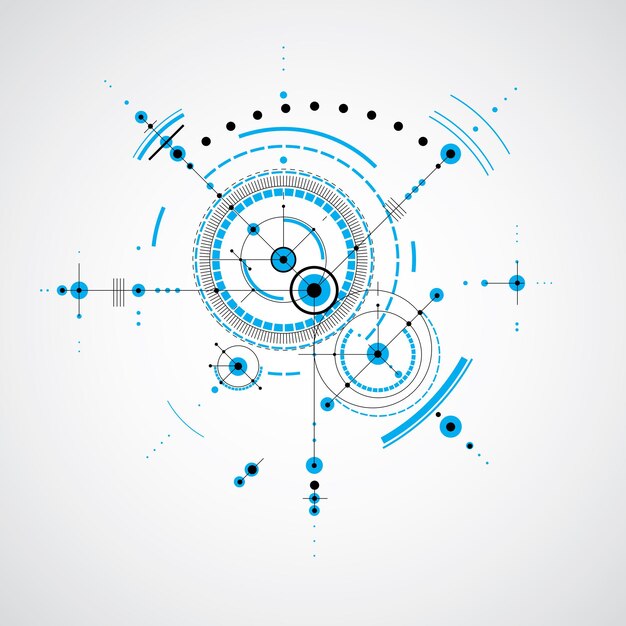 기술 계획, 그래픽 및 웹 디자인에 사용하기 위한 추상 엔지니어링 초안. 기계 부품 및 원으로 만든 산업 시스템의 벡터 드로잉입니다.