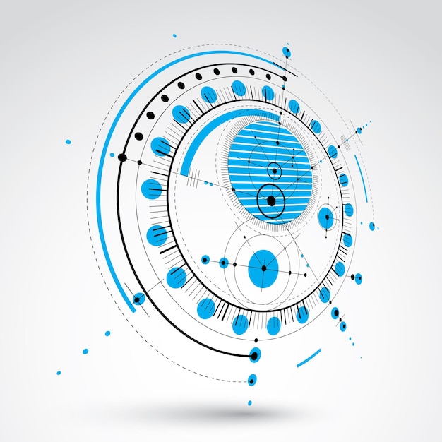 Technical plan, blue abstract engineering draft for use in graphic and web design. Perspective vector drawing of industrial system created with mechanical parts and circles.