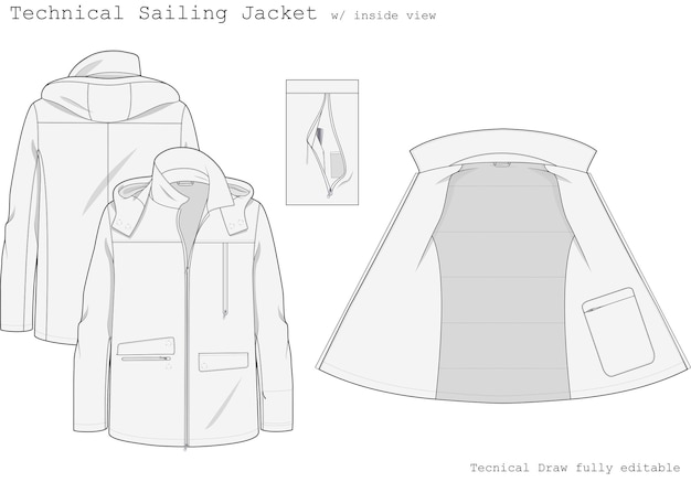 벡터 technical sailing jacket_ 내부에서 본 세일링 재킷의 테크니컬 드로잉