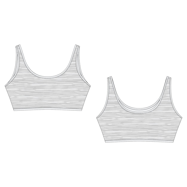 Technical sketch of melange fabric bra for girls isolated on white background. yoga underwear design template