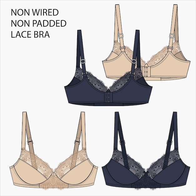 Технический эскиз БЮСТГАЛЬТЕРА NON WIRED NON PADDED LACE BRA в бежевом и темно-синем цвете модной плоской модели VECTOR