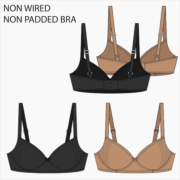 벡터 베이지색과 검은색 패션 플랫 벡터의 non wired non padded lace bra의 기술 스케치