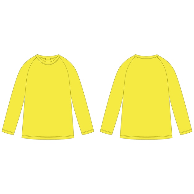 ベクトル 黄色のラグランスウェットシャツのテクニカルスケッチ。ジャンパーデザインテンプレート。子供のカジュアルウェア。正面図と背面図。