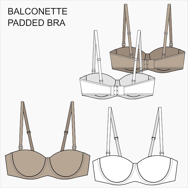 Vector technical sketch of padded balconette bra in beige and white color. underwear flat fashion