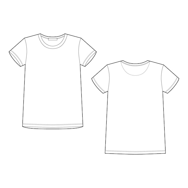 テクニカルスケッチ白いTシャツ。 Tシャツのデザインテンプレート。前面と背面のベクトル図。
