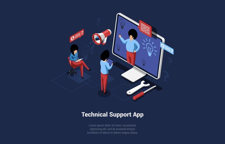 Vector technical support application vector illustration in cartoon 3d style on dark background. conceptual isometric design. special app for online help. automated robotic aid service. website or program