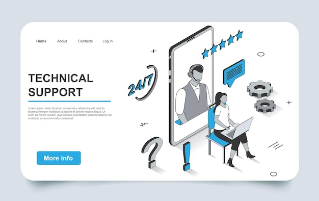 Vector technical support concept in 3d isometric landing page outline design client writes chat to customer