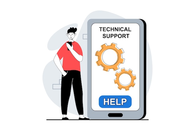 Technical support concept with people scene in flat design for web Man calling in tech help desk getting consultation and solution Vector illustration for social media banner marketing material