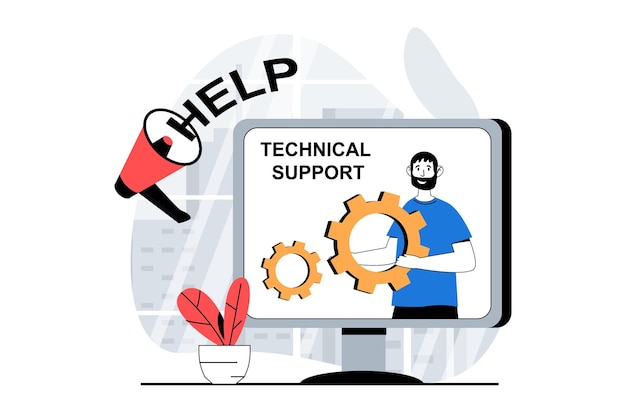 technical support concept with people scene in flat design for web man works as technician specialist at call center helps clients vector illustration for social media banner marketing material
