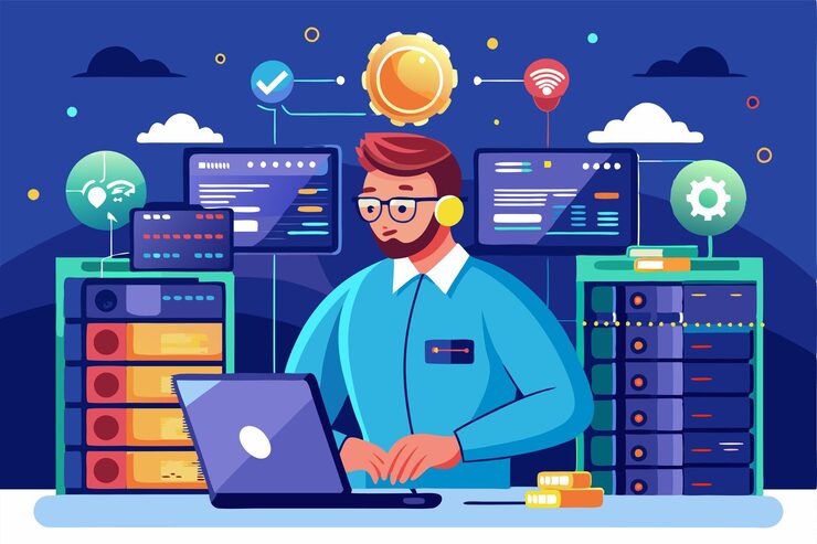 Vector a technical support expert is solving system issues while monitoring multiple server displays technical support and system administrator with servers