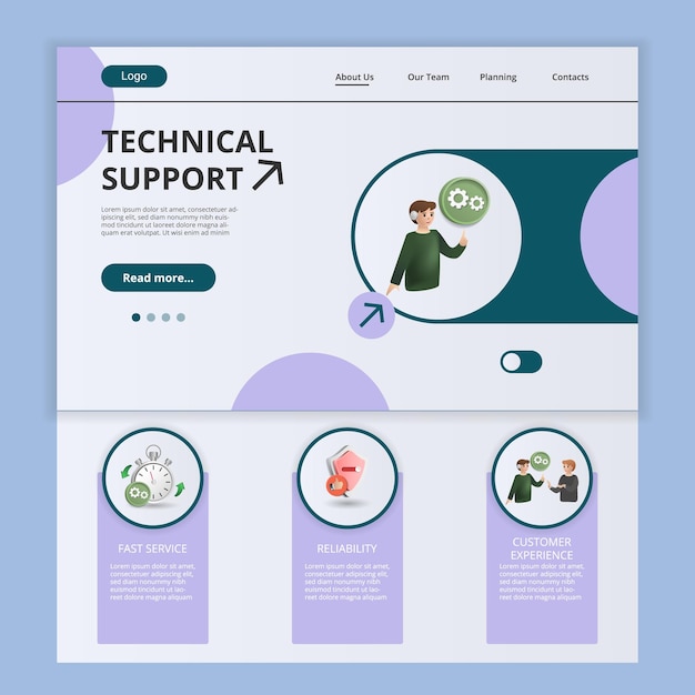 Vector technical support flat landing page website template fast service reliability customer experince web