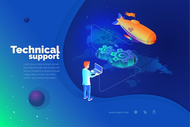 Technical support a man interacts with a technical support system global map of the world technical support worldwide modern vector illustration isometric style