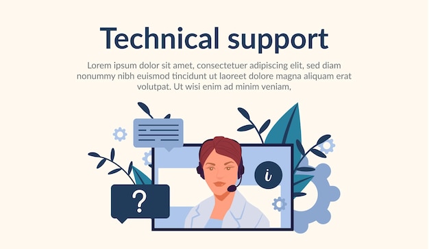 Vector technical support online, operator is talking to the client. woman help them with problems. web page