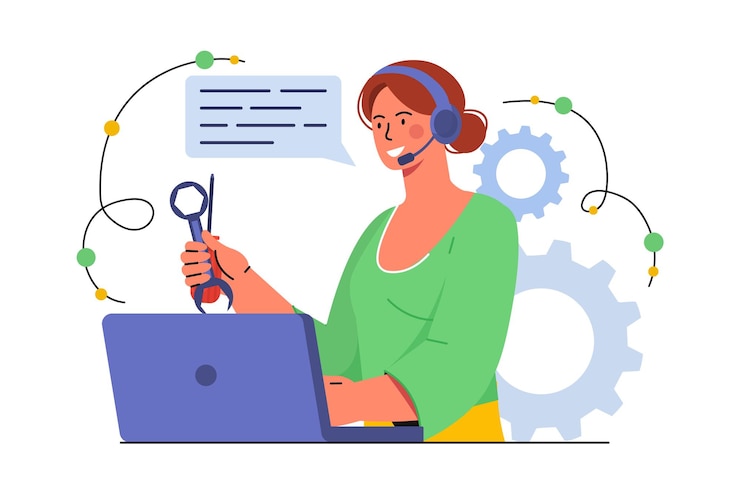 Vector technical support operator concept young girl in headphones sitting at laptop hot line and call center woman answering customer questions help with troubles cartoon flat vector illustration