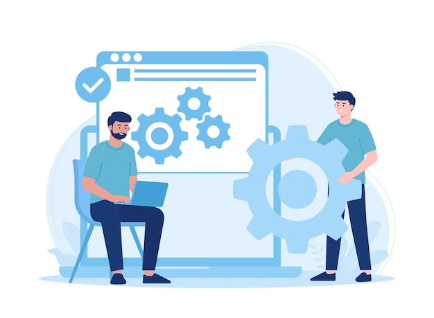 technical support that works on repairing computer hardware and software concept flat illustration
