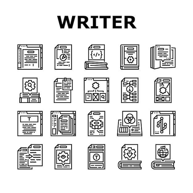 기술 작가 문서 아이콘 세트  ⁇ 터 타자기 매뉴얼 오래된 기술 종이 손 문서 빈티지 가이드 스트로크 기술 작가 문서 검은 윤 ⁇  일러스트
