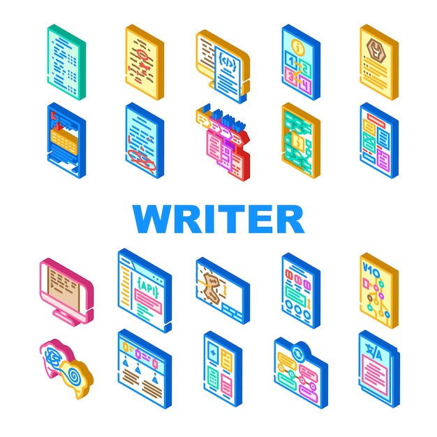 technical writer document manual icons set vector