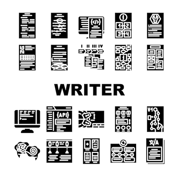 technical writer document manual icons set vector