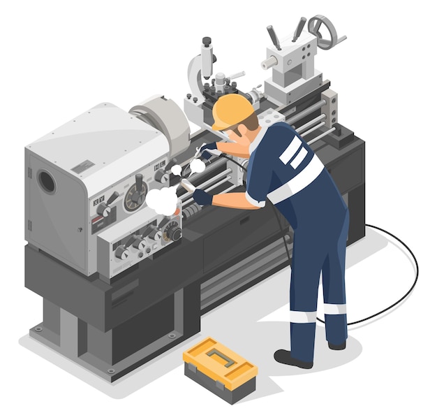 Vector technician cleaning metal lathe machine after work metalworker clean maintenance engineer concept