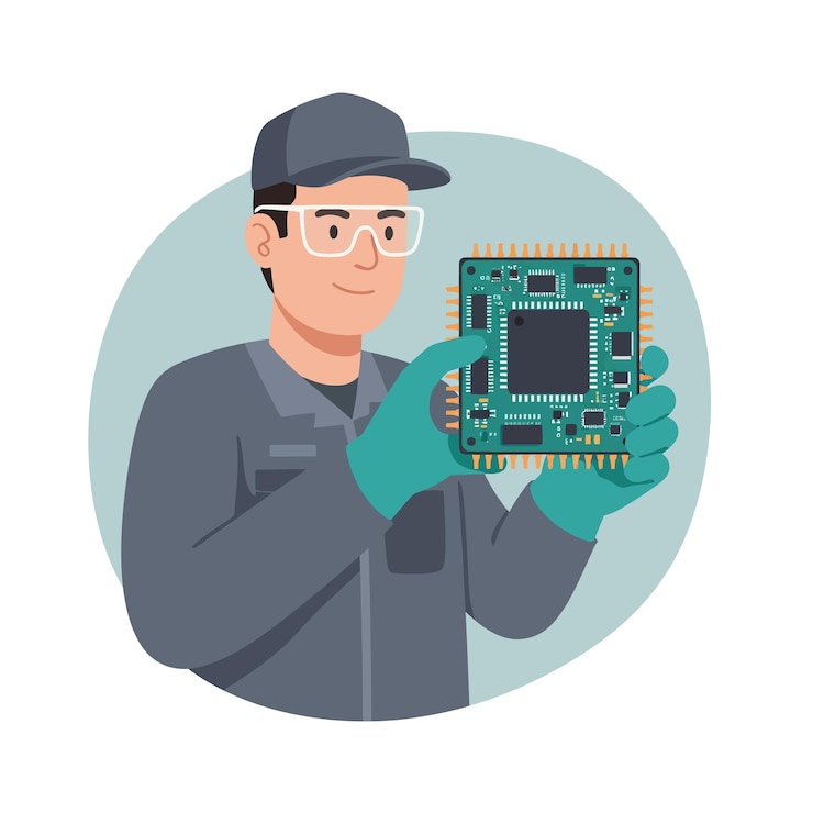 Vector technician holding electronic circuit board in grey uniform and green gloves vector illustration