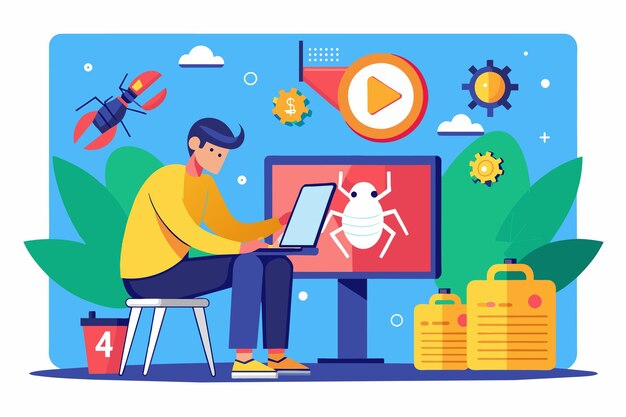 a technician is engaged in resolving a software bug while sitting at a computer desk with bright graphics technician fixes a 404 bug error with a flat illustration