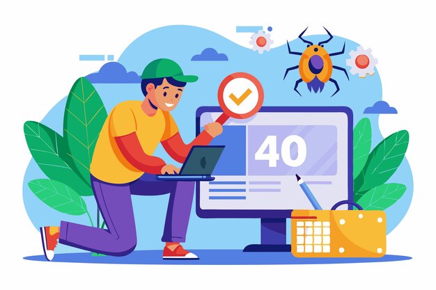 a technician is resolving a bug error on a laptop while ensuring the system runs smoothly technician fixes a 404 bug error with a flat illustration
