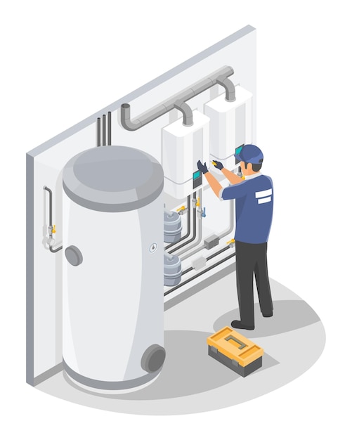 Vector technician or plumber on gas boiler water heater install or repair and maintenance home service