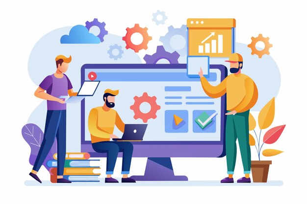 technicians work collaboratively in a tech workspace to resolve website errors using various devices website errors fixed by technicians flat illustration