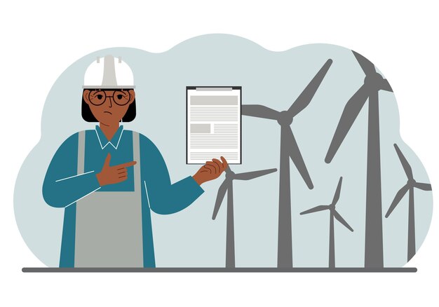 Technicus ingenieur vrouw energie windmolenpark het concept van schone alternatieve energie milieubescherming ecologie bescherming platte vectorillustratie