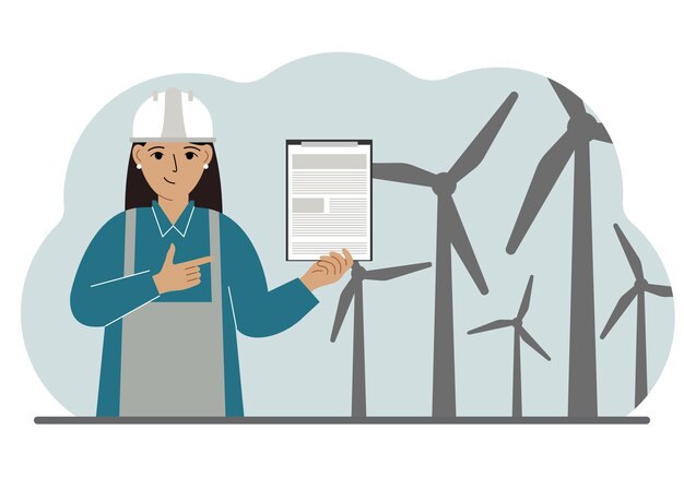 Vector technicus ingenieur vrouw energie windmolenpark het concept van schone alternatieve energie milieubescherming ecologie bescherming platte vectorillustratie