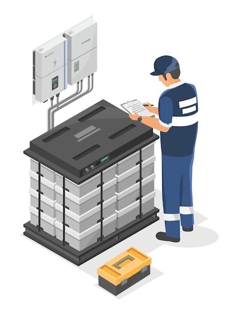 Technicus installateur werken met zonnecelsysteem zoutwaterbatterij set offgrid inverter element