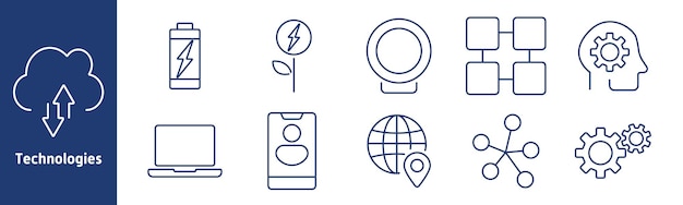 Technieken instellen icoon versnellingsverbinding batterij groene energie aardbol locatie mechanisme cloud upload laptop gebruikersinterface verbinding diagram hoofd met versnellingen