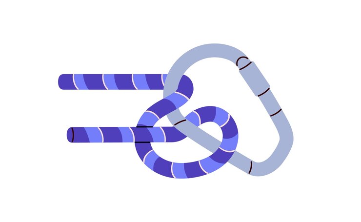 Vector technique of tying munter hitch knot with carabiner tutorial of marine bond cord tie for climbing bundle node of blue rope with carabine flat isolated vector illustration on white background